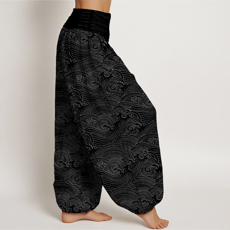 Pantalon harem à taille élastique pour femme, en pur coton, motif vagues océaniques et Buddha Stones - image 10