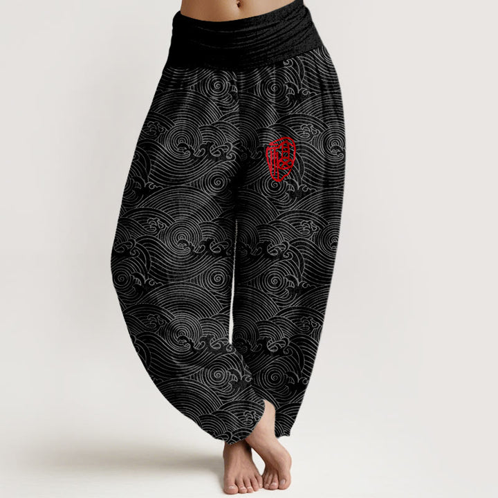 Pantalon harem à taille élastique pour femme, en pur coton, motif vagues océaniques et Buddha Stones - Noir - US16，UK/AU20，EU48 (3XL) - image 8