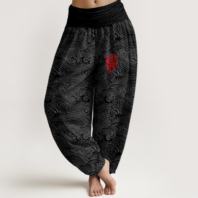 Pantalon harem à taille élastique pour femme, en pur coton, motif vagues océaniques et Buddha Stones - Noir - US16，UK/AU20，EU48 (3XL) - image 8