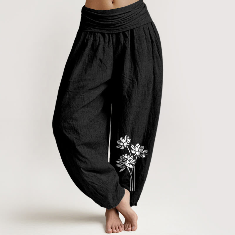 Pantalon harem en coton à taille élastique pour femme, motif trois fleurs de lotus et Buddha Stones - Noir - US16，UK/AU20，EU48 (3XL) - image 11