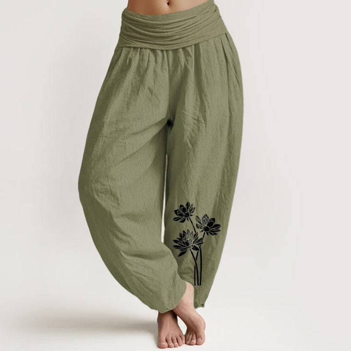 Pantalon harem en coton à taille élastique pour femme, motif trois fleurs de lotus et Buddha Stones - Vert olive - US16，UK/AU20，EU48 (3XL) - image 8