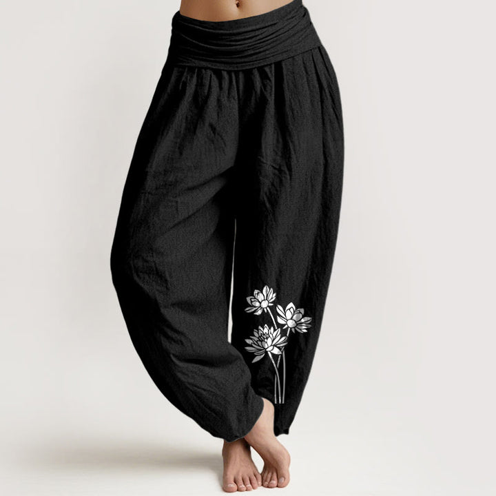 Pantalon harem en coton à taille élastique pour femme, motif trois fleurs de lotus et Buddha Stones - Noir - US16，UK/AU20，EU48 (3XL) - image 11