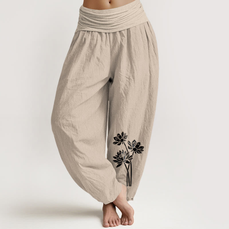 Pantalon harem en coton à taille élastique pour femme, motif trois fleurs de lotus et Buddha Stones - Tanné - US16，UK/AU20，EU48 (3XL) - image 5