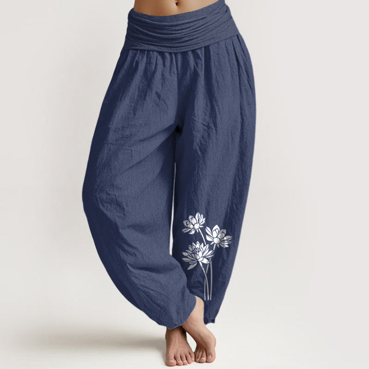 Pantalon harem en coton à taille élastique pour femme, motif trois fleurs de lotus et Buddha Stones - Bleu ardoise foncé - US16，UK/AU20，EU48 (3XL) - image 14