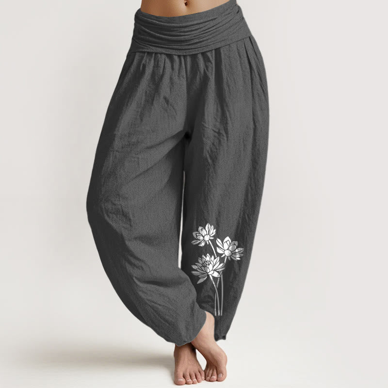Pantalon harem en coton à taille élastique pour femme, motif trois fleurs de lotus et Buddha Stones - Gris sombre - US16，UK/AU20，EU48 (3XL) - image 0