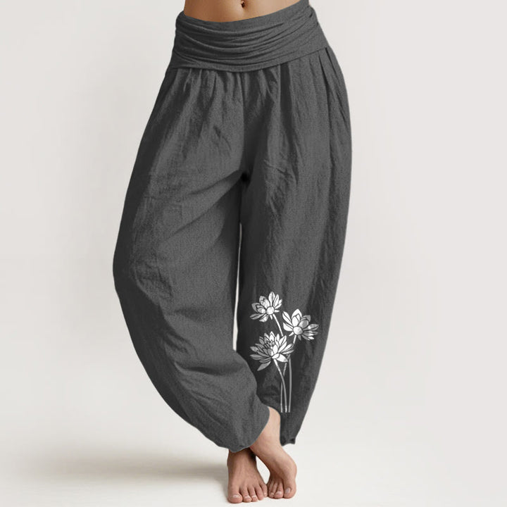 Pantalon harem en coton à taille élastique pour femme, motif trois fleurs de lotus et Buddha Stones - Gris sombre - US16，UK/AU20，EU48 (3XL) - image 0