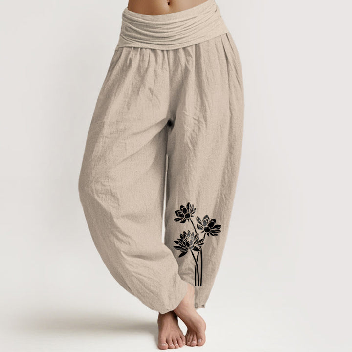 Pantalon harem en coton à taille élastique pour femme, motif trois fleurs de lotus et Buddha Stones - Tanné - US16，UK/AU20，EU48 (3XL) - image 5