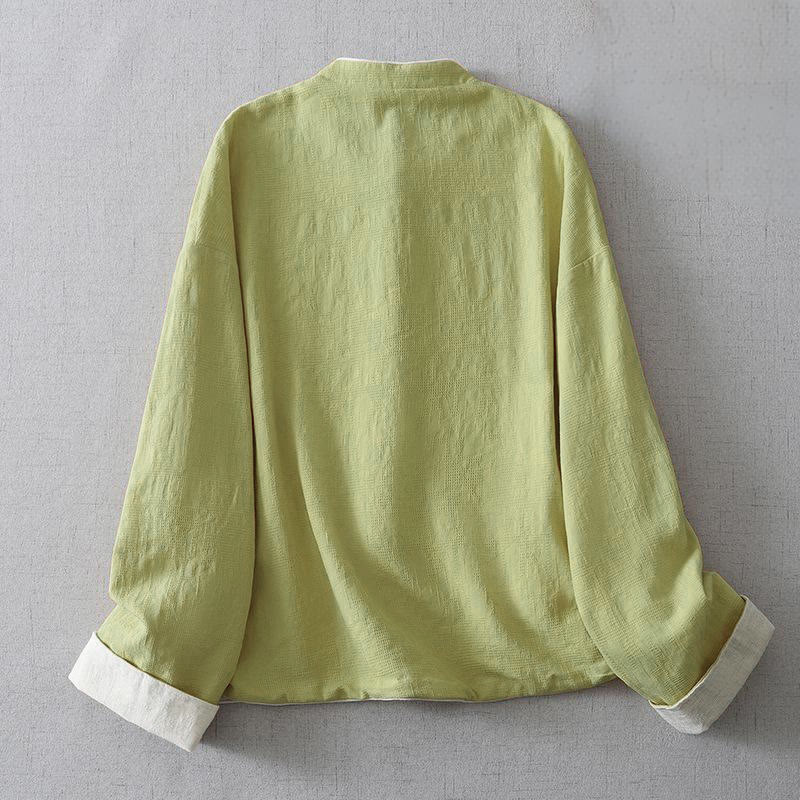 Veste en coton et lin uni jacquard à manches longues et col montant avec poches pour femme, de la Buddha Stones. - image 1