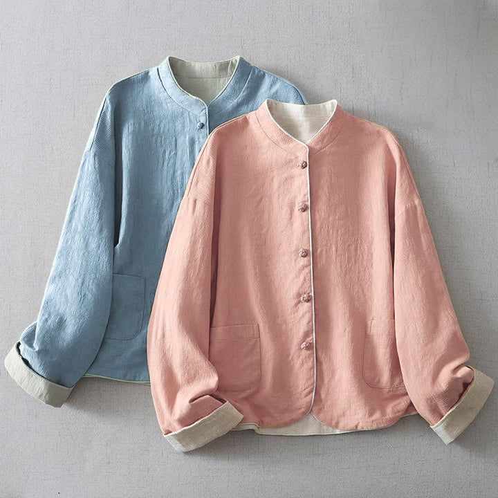 Veste en coton jacquard uni à manches longues et col montant pour femme, avec poches, de la Buddha Stones - image 9