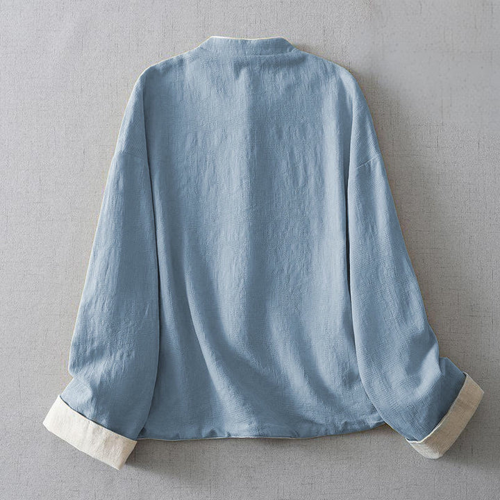 Veste en coton et lin uni jacquard à manches longues et col montant avec poches pour femme, de la Buddha Stones. - image 8