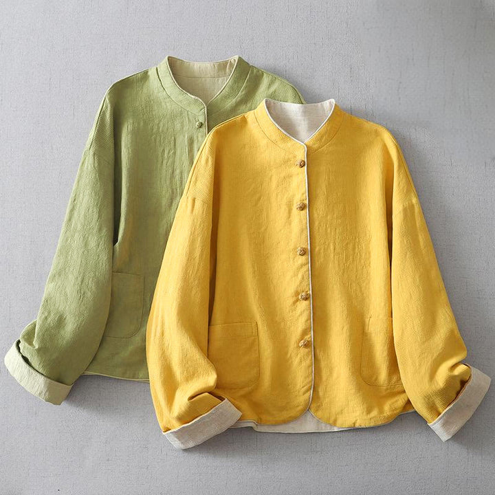 Veste en coton et lin uni jacquard à manches longues et col montant avec poches pour femme, de la Buddha Stones. - image 4