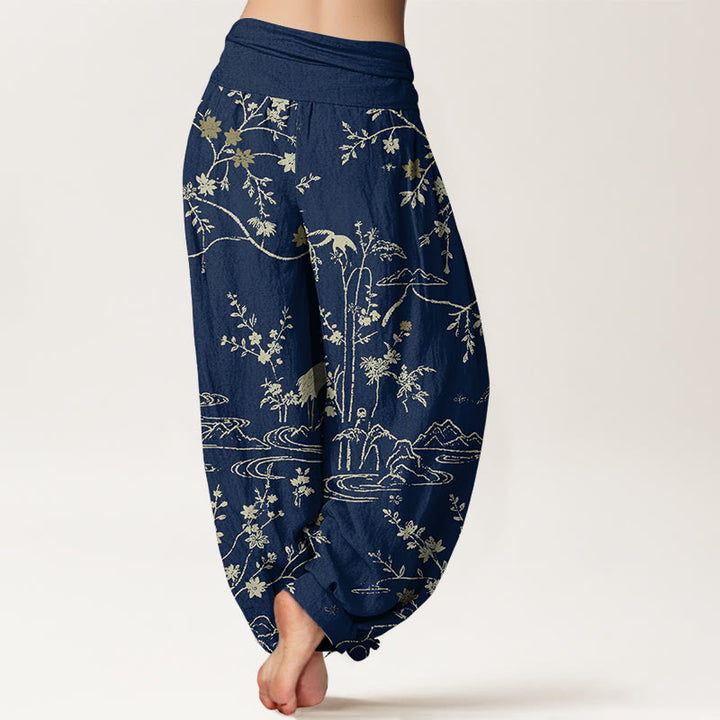Pantalon harem en pur coton à taille élastique pour femme, imprimé de Buddha Stones et de fleurs. - image 1