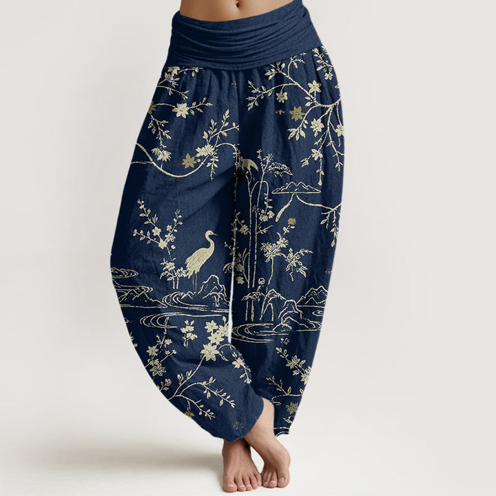 Pantalon harem en pur coton à taille élastique pour femme, imprimé de Buddha Stones et de fleurs. - Bleu nuit - US16，UK/AU20，EU48 (3XL) - image 0