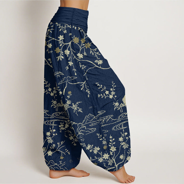 Pantalon harem en pur coton à taille élastique pour femme, imprimé de Buddha Stones et de fleurs. - image 2