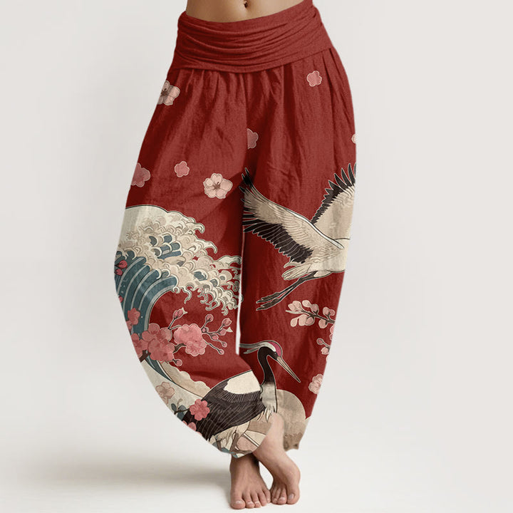 Pantalon harem taille élastique pour femme, en pur coton, à motifs de Buddha Stones, de grues, de fleurs de pêcher et d'océan - Rouge foncé - US16，UK/AU20，EU48 (3XL) - image 0