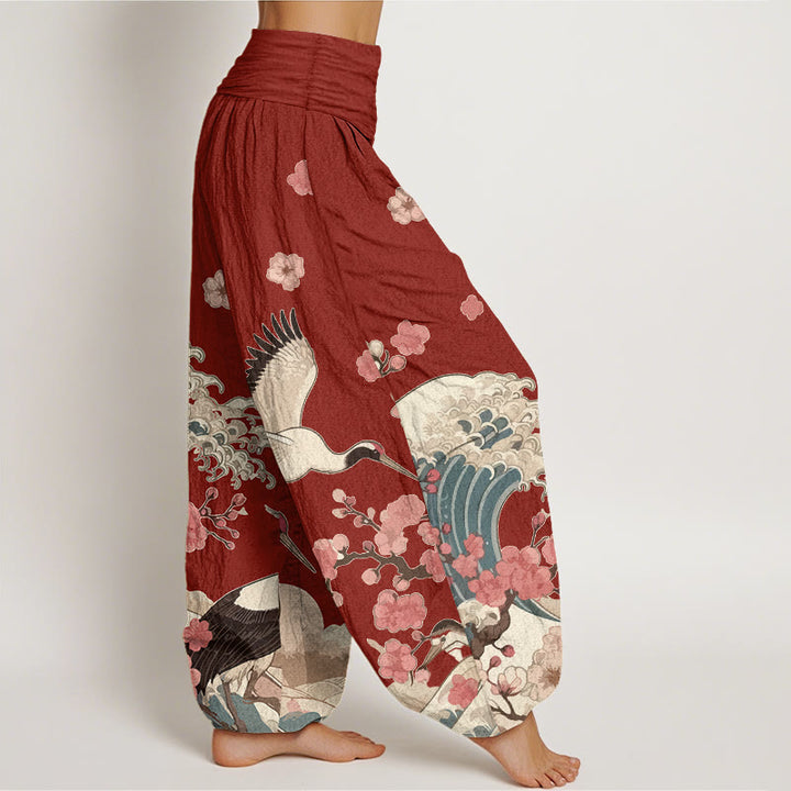 Pantalon harem taille élastique pour femme, en pur coton, à motifs de Buddha Stones, de grues, de fleurs de pêcher et d'océan - image 2