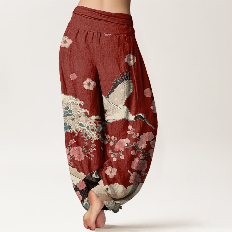 Pantalon harem taille élastique pour femme, en pur coton, à motifs de Buddha Stones, de grues, de fleurs de pêcher et d'océan - image 1