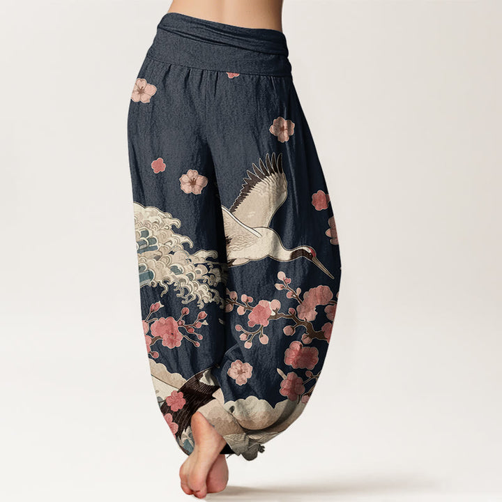 Pantalon harem taille élastique pour femme, en pur coton, à motifs de Buddha Stones, de grues, de fleurs de pêcher et d'océan - image 6