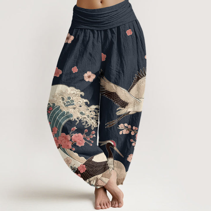 Pantalon harem taille élastique pour femme, en pur coton, à motifs de Buddha Stones, de grues, de fleurs de pêcher et d'océan - Noir - US16，UK/AU20，EU48 (3XL) - image 5