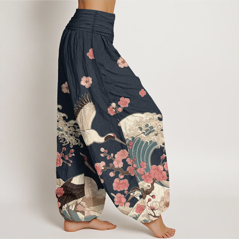 Pantalon harem taille élastique pour femme, en pur coton, à motifs de Buddha Stones, de grues, de fleurs de pêcher et d'océan - image 7