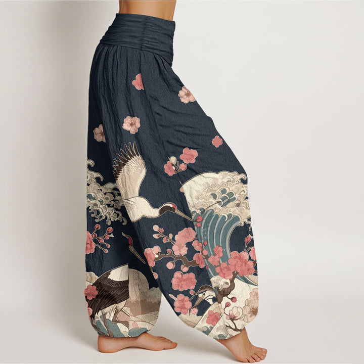 Pantalon harem taille élastique pour femme, en pur coton, à motifs de Buddha Stones, de grues, de fleurs de pêcher et d'océan - image 7