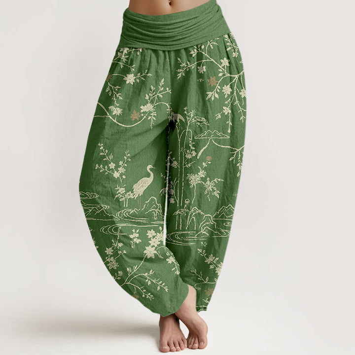 Pantalon harem en pur coton à taille élastique pour femme, imprimé de Buddha Stones et de fleurs. - Vert forêt - US16，UK/AU20，EU48 (3XL) - image 5