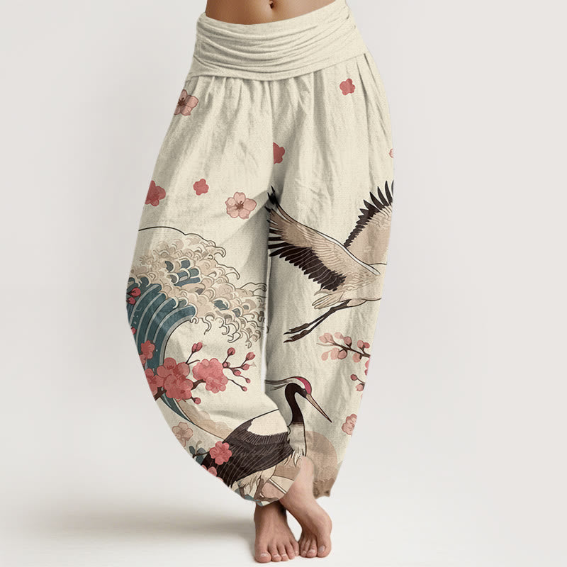 Pantalon harem taille élastique pour femme, en pur coton, à motifs de Buddha Stones, de grues, de fleurs de pêcher et d'océan - Lin - US16，UK/AU20，EU48 (3XL) - image 8