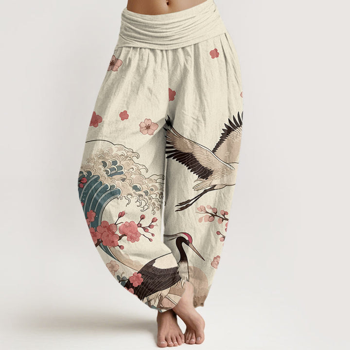 Pantalon harem taille élastique pour femme, en pur coton, à motifs de Buddha Stones, de grues, de fleurs de pêcher et d'océan - Lin - US16，UK/AU20，EU48 (3XL) - image 8