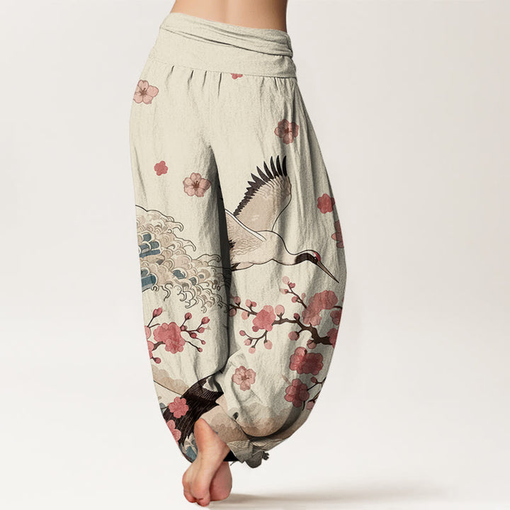 Pantalon harem taille élastique pour femme, en pur coton, à motifs de Buddha Stones, de grues, de fleurs de pêcher et d'océan - image 9
