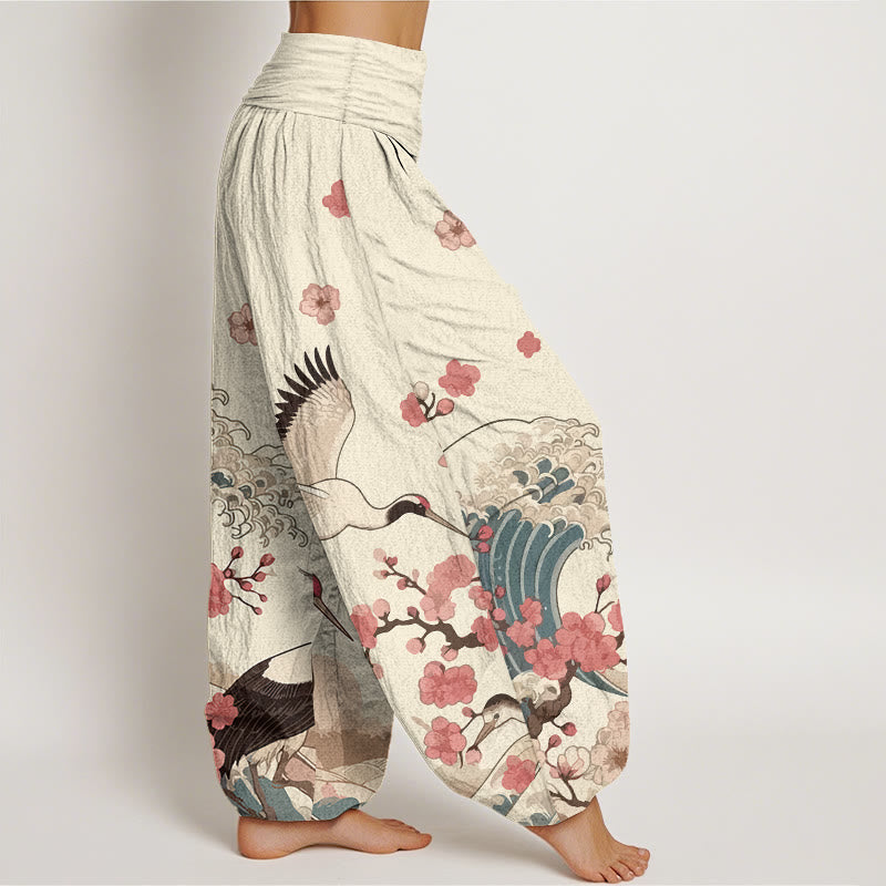 Pantalon harem taille élastique pour femme, en pur coton, à motifs de Buddha Stones, de grues, de fleurs de pêcher et d'océan - image 10