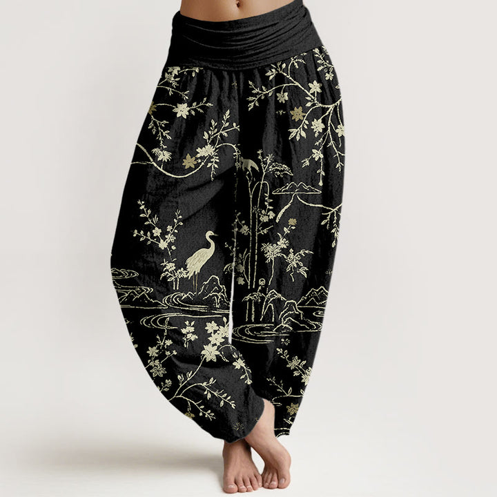 Pantalon harem en pur coton à taille élastique pour femme, imprimé de Buddha Stones et de fleurs. - Noir - US16，UK/AU20，EU48 (3XL) - image 8