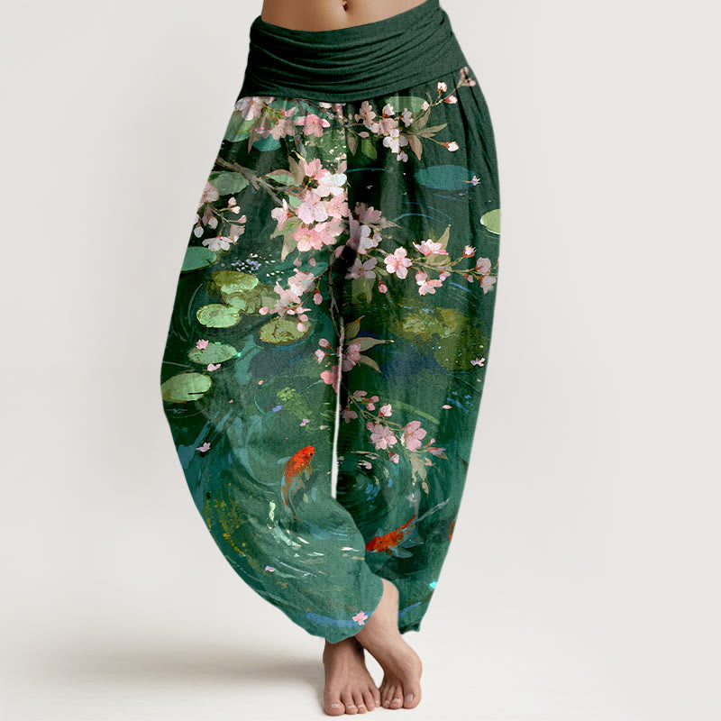 Pantalon harem à taille élastique pour femme, en pur coton, Buddha Stones , de fleurs de cerisier, de carpes koï et de feuilles de lotus - Vert d'eau - US16，UK/AU20，EU48 (3XL) - image 0