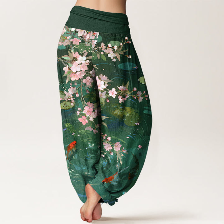 Pantalon harem à taille élastique pour femme, en pur coton, Buddha Stones , de fleurs de cerisier, de carpes koï et de feuilles de lotus - image 1