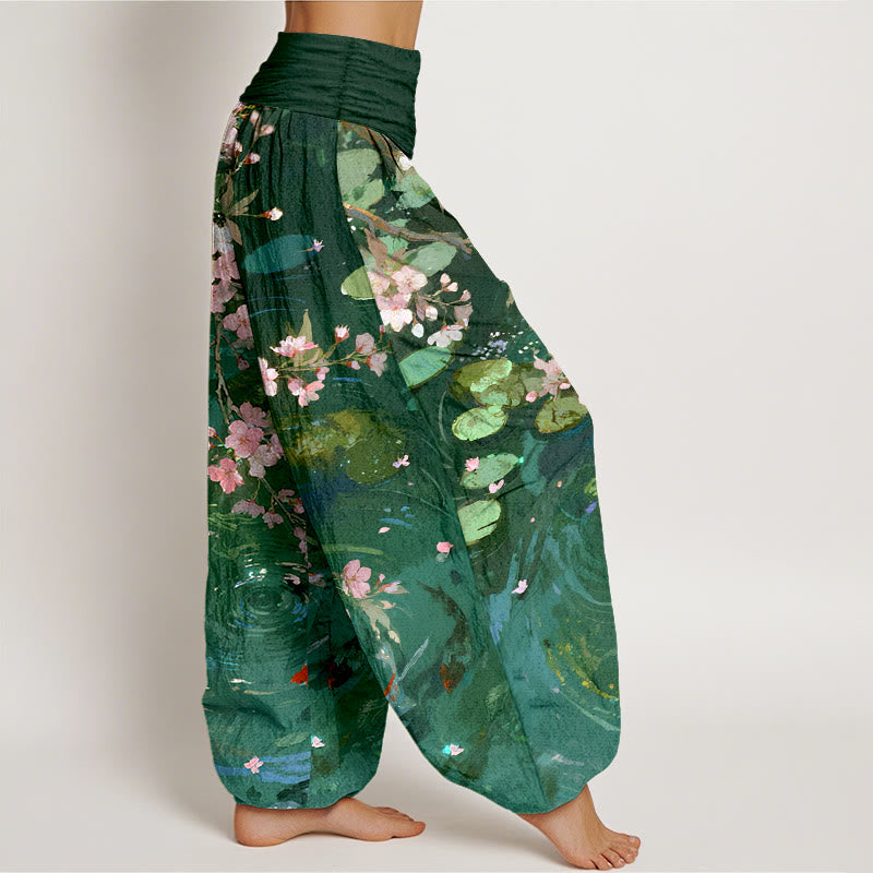 Pantalon harem à taille élastique pour femme, en pur coton, Buddha Stones , de fleurs de cerisier, de carpes koï et de feuilles de lotus - image 2
