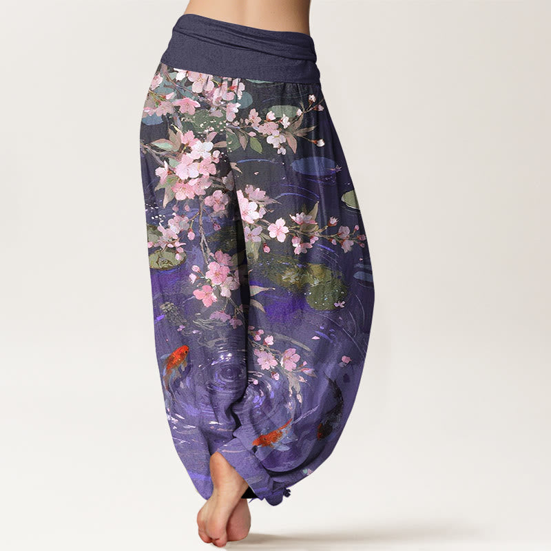 Pantalon harem à taille élastique pour femme, en pur coton, Buddha Stones , de fleurs de cerisier, de carpes koï et de feuilles de lotus - image 6