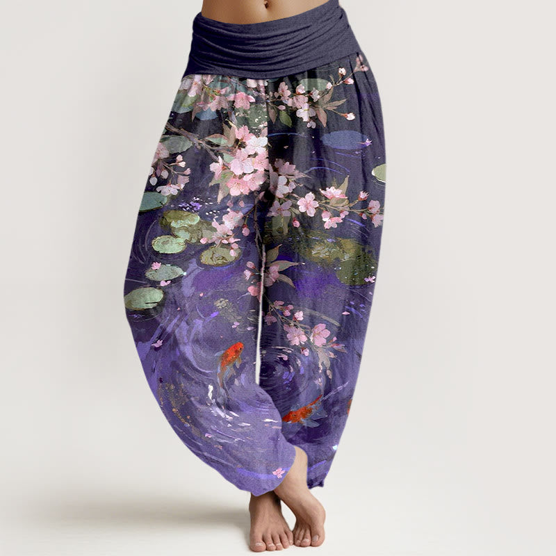 Pantalon harem à taille élastique pour femme, en pur coton, Buddha Stones , de fleurs de cerisier, de carpes koï et de feuilles de lotus - Violette sombre - US16，UK/AU20，EU48 (3XL) - image 5
