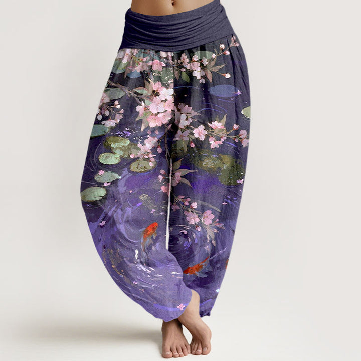 Pantalon harem à taille élastique pour femme, en pur coton, Buddha Stones , de fleurs de cerisier, de carpes koï et de feuilles de lotus - Violette sombre - US16，UK/AU20，EU48 (3XL) - image 5