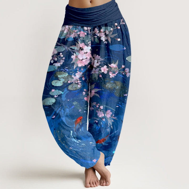Pantalon harem à taille élastique pour femme, en pur coton, Buddha Stones , de fleurs de cerisier, de carpes koï et de feuilles de lotus - Bleu royal - US16，UK/AU20，EU48 (3XL) - image 8