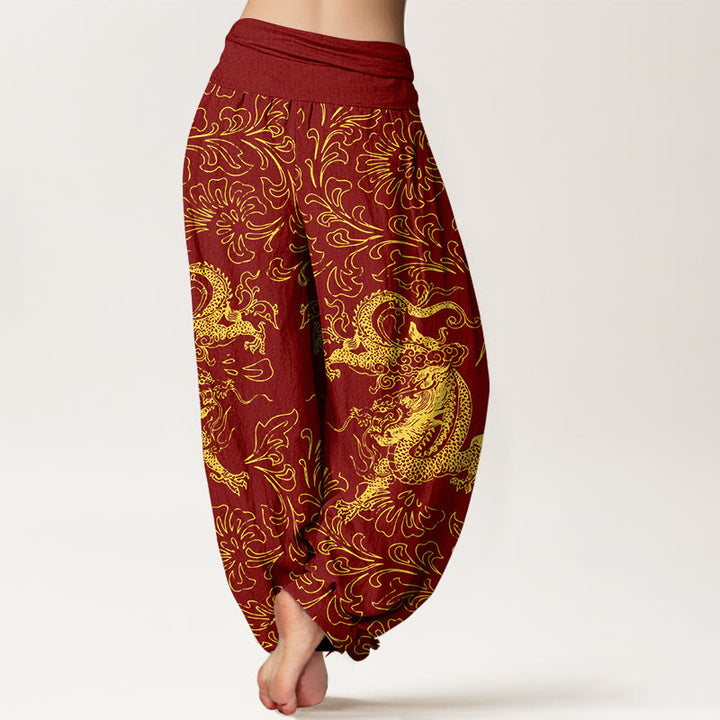 Pantalon harem à taille élastique pour femme, en pur coton, motif floral dragon et Buddha Stones - image 1