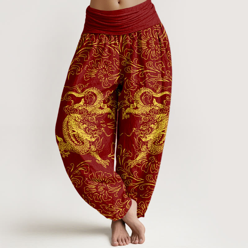 Pantalon harem à taille élastique pour femme, en pur coton, motif floral dragon et Buddha Stones - FireBrick - US16，UK/AU20，EU48 (3XL) - image 0