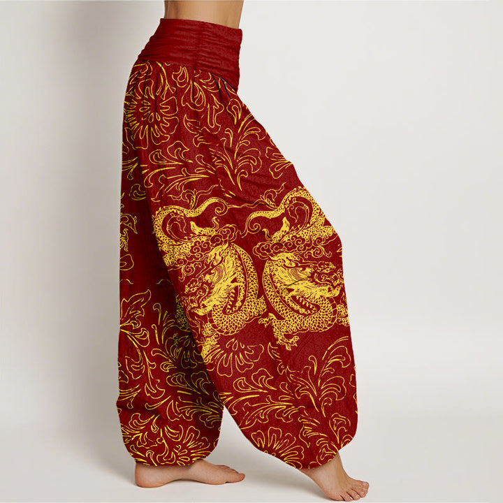 Pantalon harem à taille élastique pour femme, en pur coton, motif floral dragon et Buddha Stones - image 2
