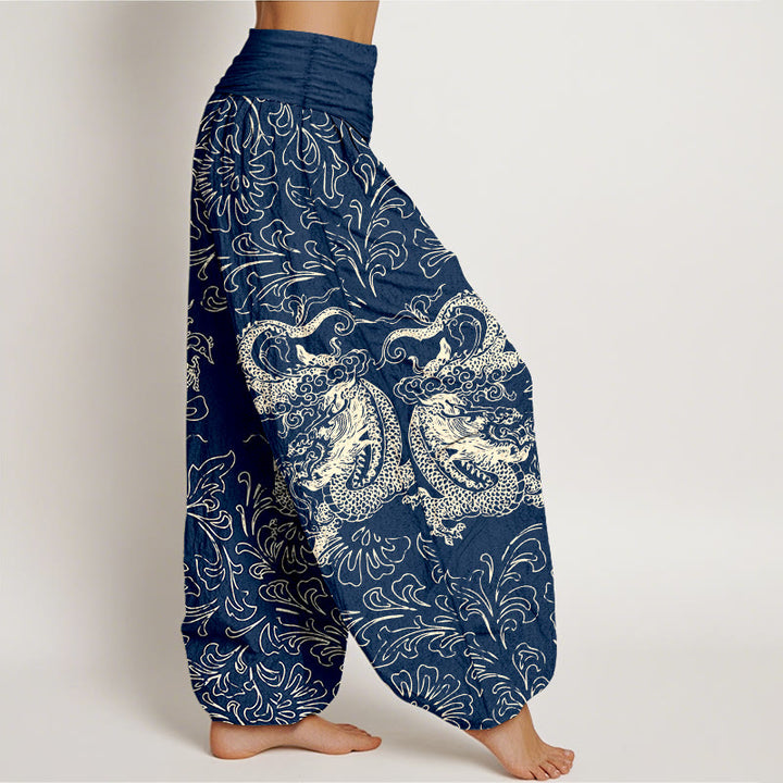 Pantalon harem à taille élastique pour femme, en pur coton, motif floral dragon et Buddha Stones - image 7