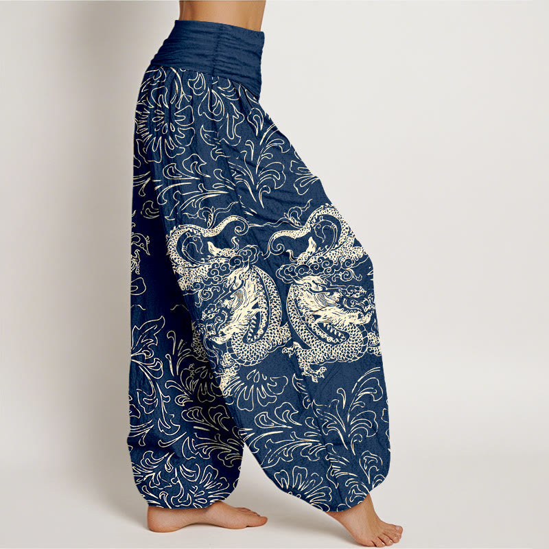Pantalon harem à taille élastique pour femme, en pur coton, motif floral dragon et Buddha Stones - image 7