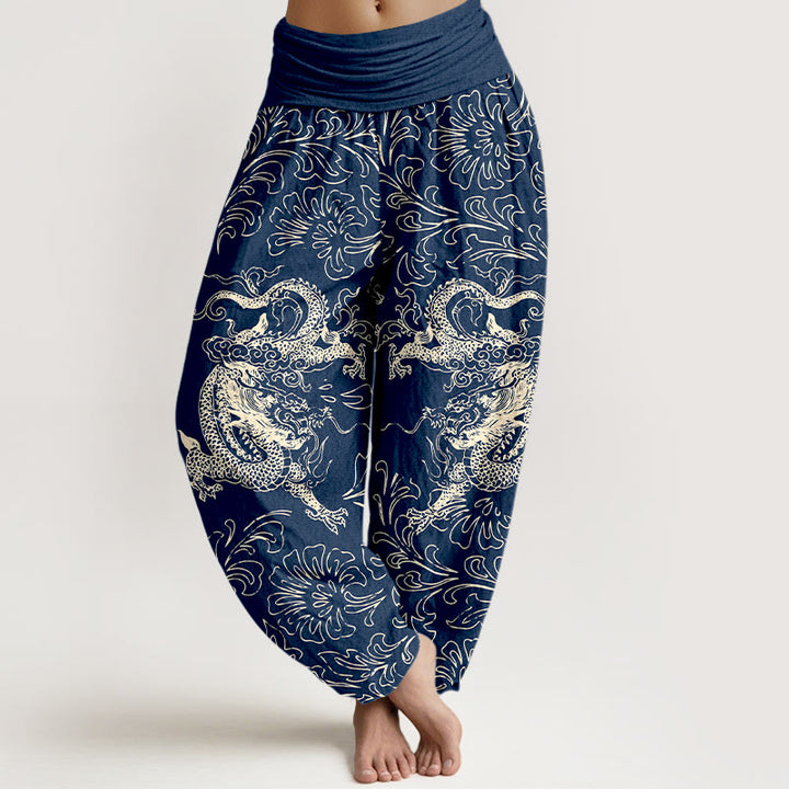 Pantalon harem à taille élastique pour femme, en pur coton, motif floral dragon et Buddha Stones - SteelBlue - US16，UK/AU20，EU48 (3XL) - image 5