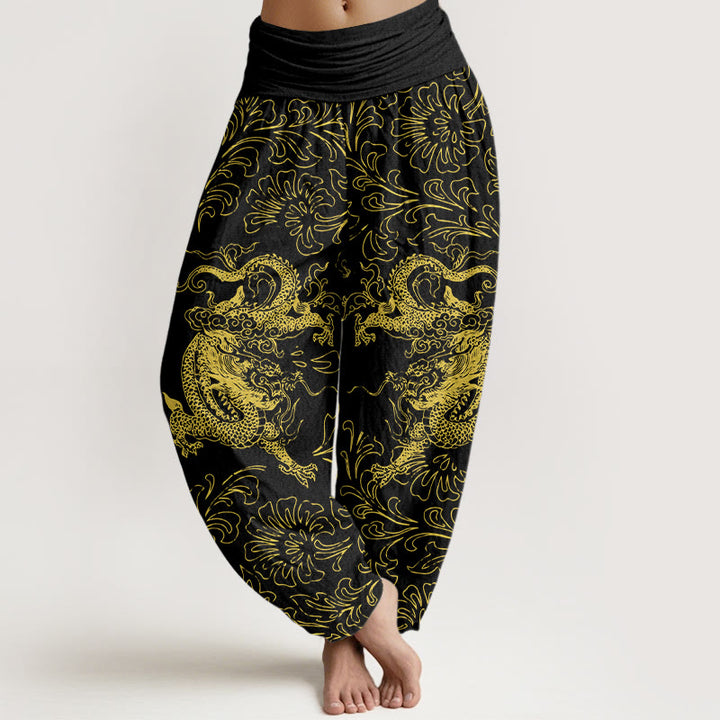 Pantalon harem à taille élastique pour femme, en pur coton, motif floral dragon et Buddha Stones - Noir - US16，UK/AU20，EU48 (3XL) - image 8