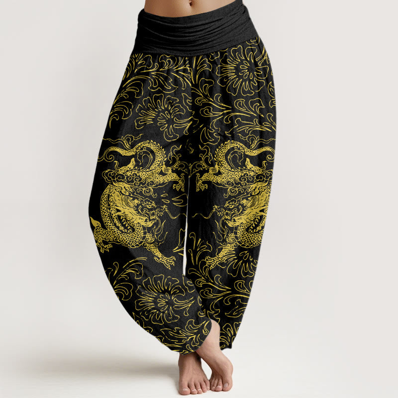 Pantalon harem à taille élastique pour femme, en pur coton, motif floral dragon et Buddha Stones - Noir - US16，UK/AU20，EU48 (3XL) - image 8