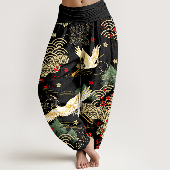 Pantalon harem en coton à taille élastique pour femme, imprimé de Buddha Stones, de grues, de nuages ​​porte-bonheur et de fleurs - Noir - US16，UK/AU20，EU48 (3XL) - image 0