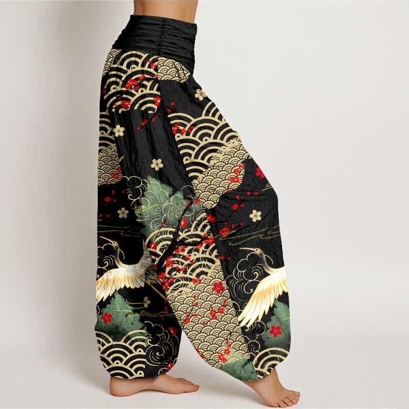 Pantalon harem en coton à taille élastique pour femme, imprimé de Buddha Stones, de grues, de nuages ​​porte-bonheur et de fleurs - image 2
