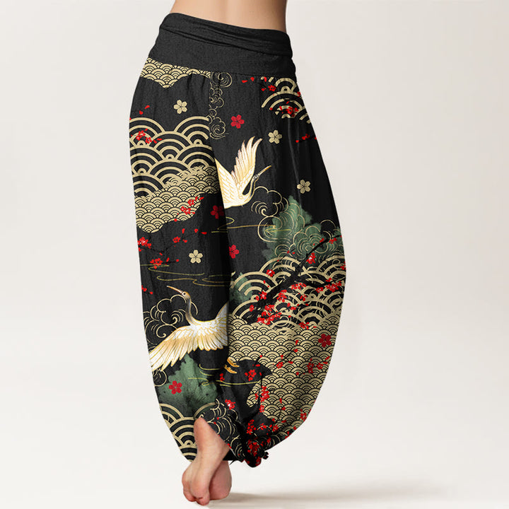 Pantalon harem en coton à taille élastique pour femme, imprimé de Buddha Stones, de grues, de nuages ​​porte-bonheur et de fleurs - image 1