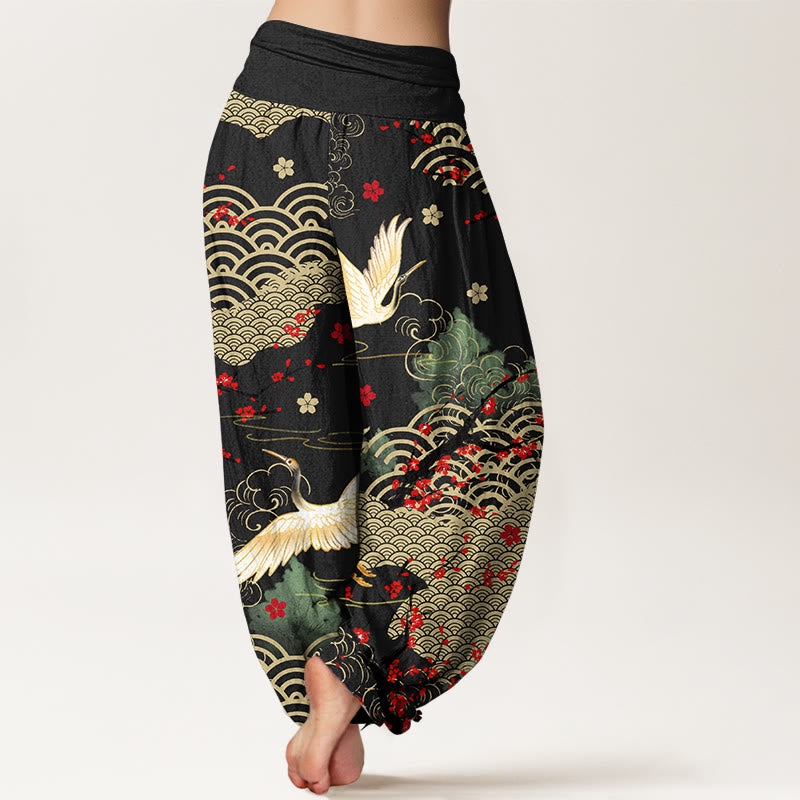 Pantalon harem en coton à taille élastique pour femme, imprimé de Buddha Stones, de grues, de nuages ​​porte-bonheur et de fleurs - image 1